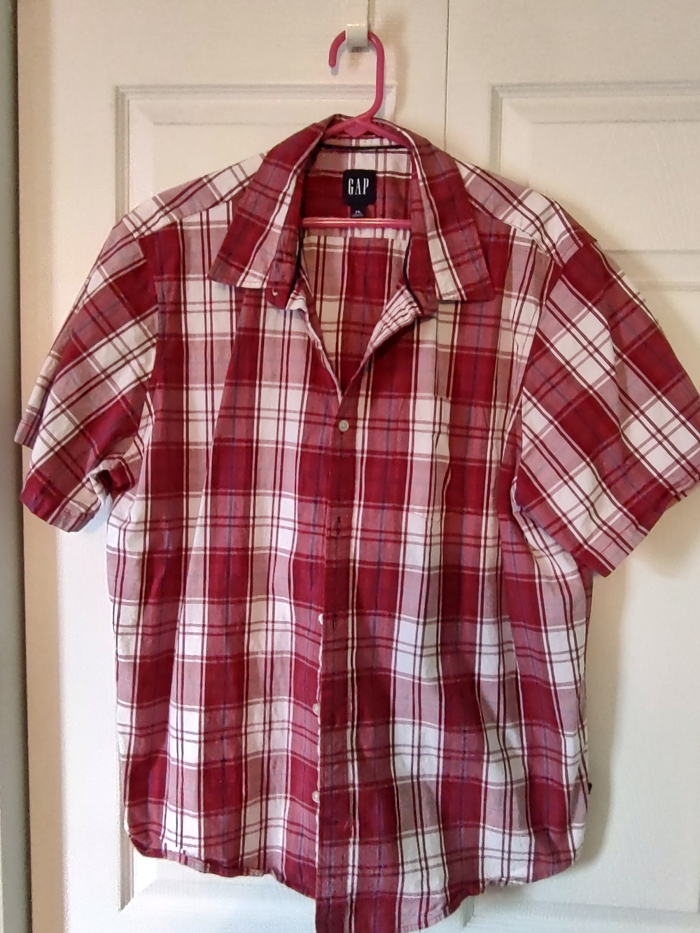 GAP Men's Red and White Plaid Short Sleeve Button-Down Shirt XXL
